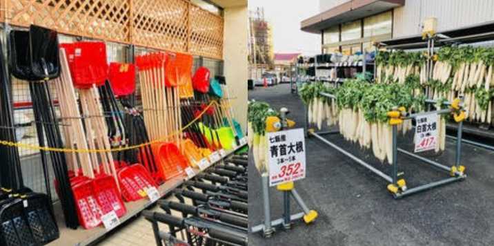 函館のホームセンターで販売されている雪かき道具の写真